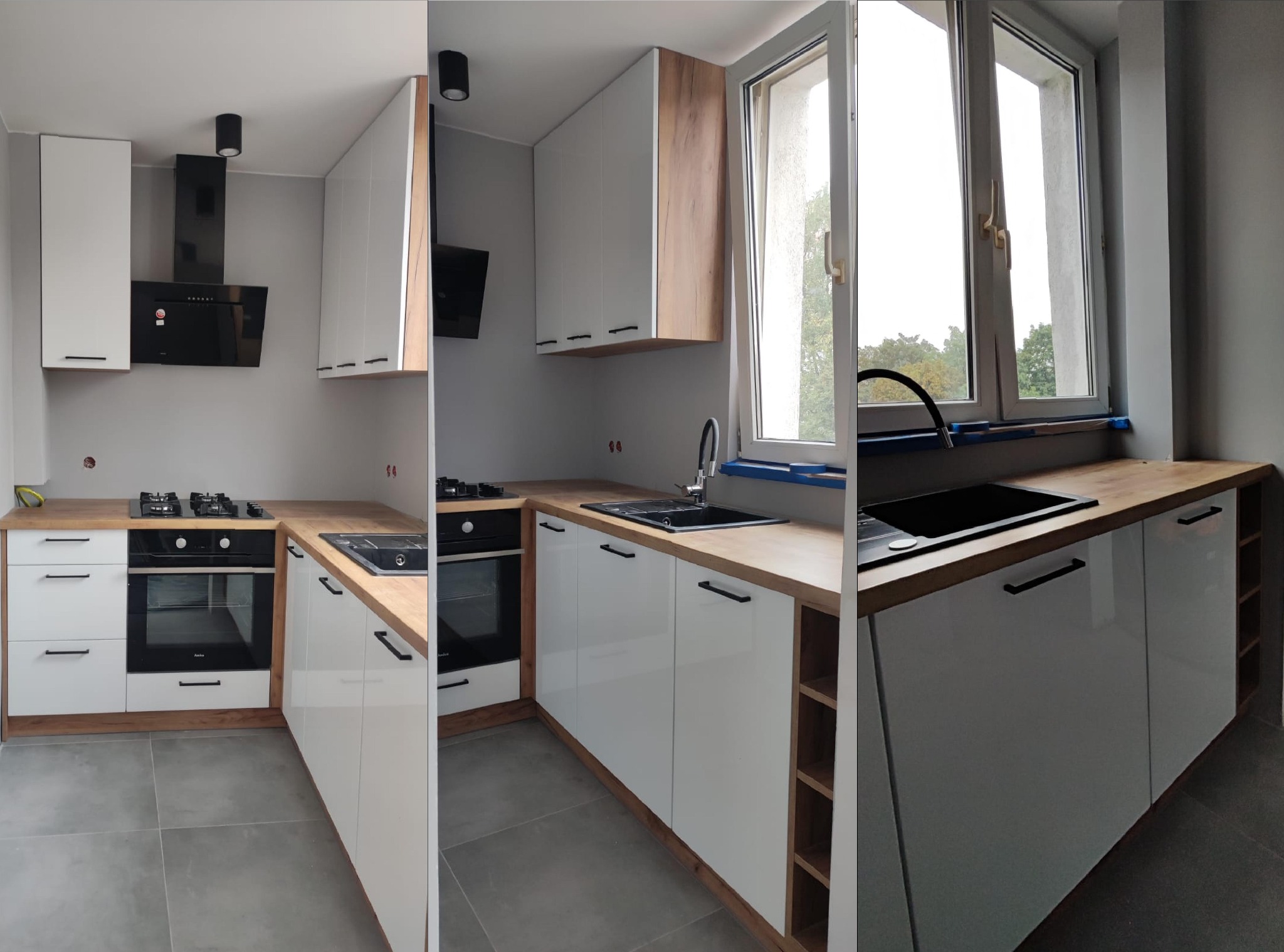 Nowoczesna kuchnia w odcieniach bieli i szarości z drewnianym blatem, czarnymi uchwytami i sprzętem AGD, widok z trzech różnych perspektyw.
