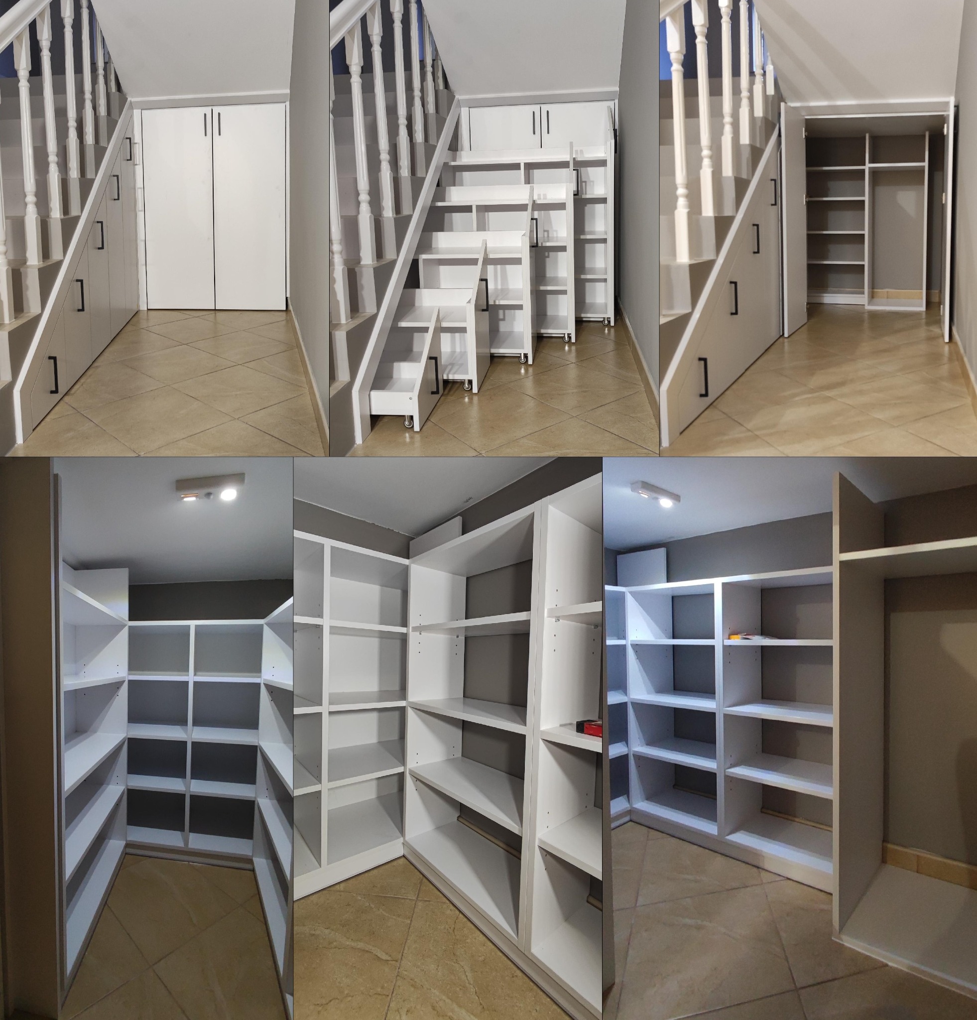 Biała zabudowa meblowa pod schodami z szafkami i półkami, widok z różnych perspektyw, jasna podłoga z płytek.