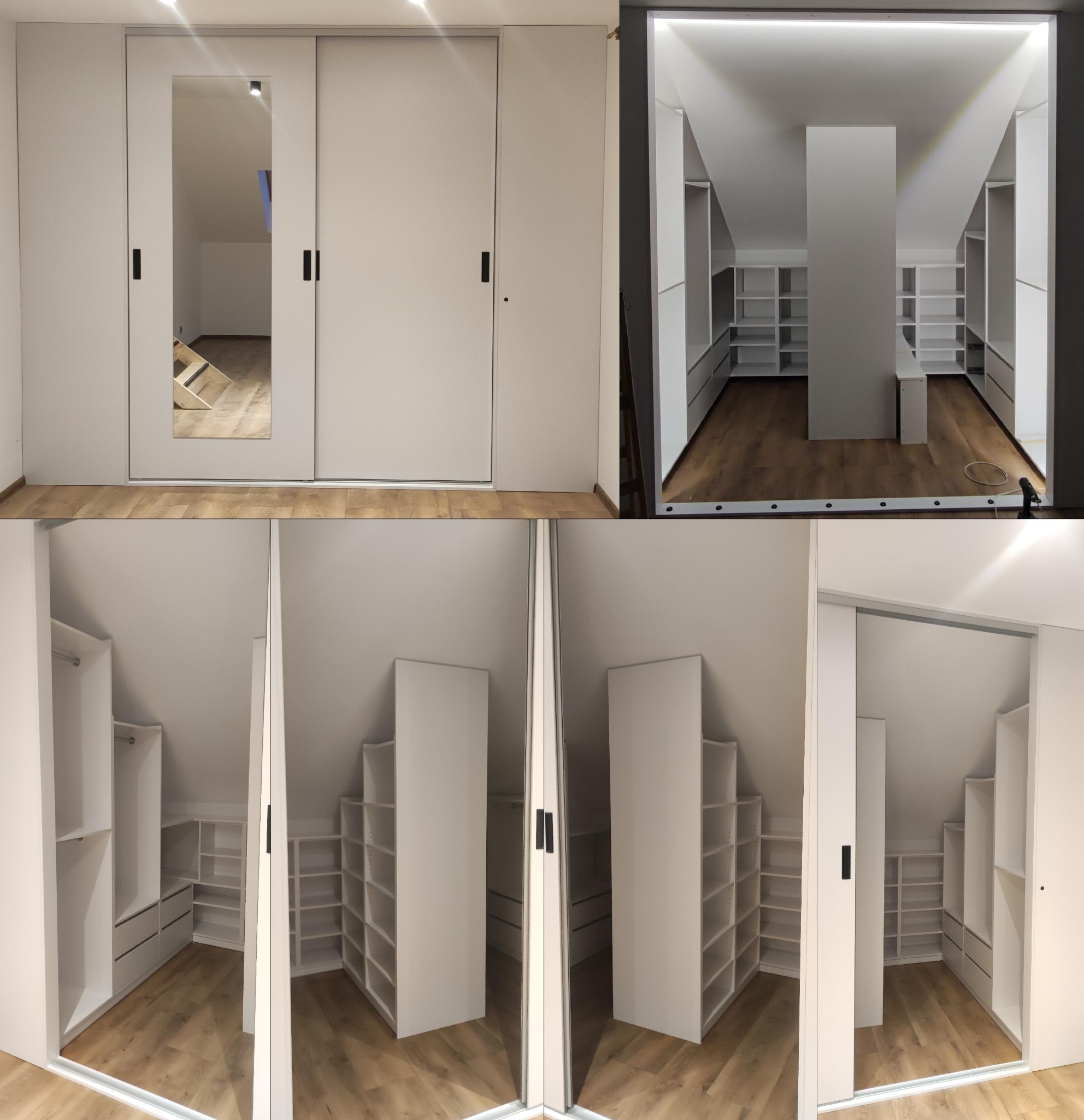 Biała garderoba na poddaszu z przesuwnymi drzwiami, częściowo otwarta, ukazująca półki i szuflady, z lustrem na jednych z drzwi, odbijającym schody.