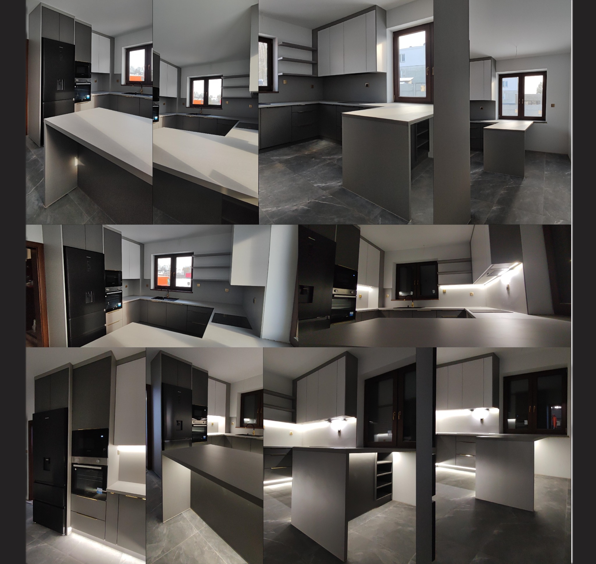 Nowoczesna kuchnia na wymiar w odcieniach szarości i bieli, z wyspą i oświetleniem LED pod szafkami, marmurowa posadzka.