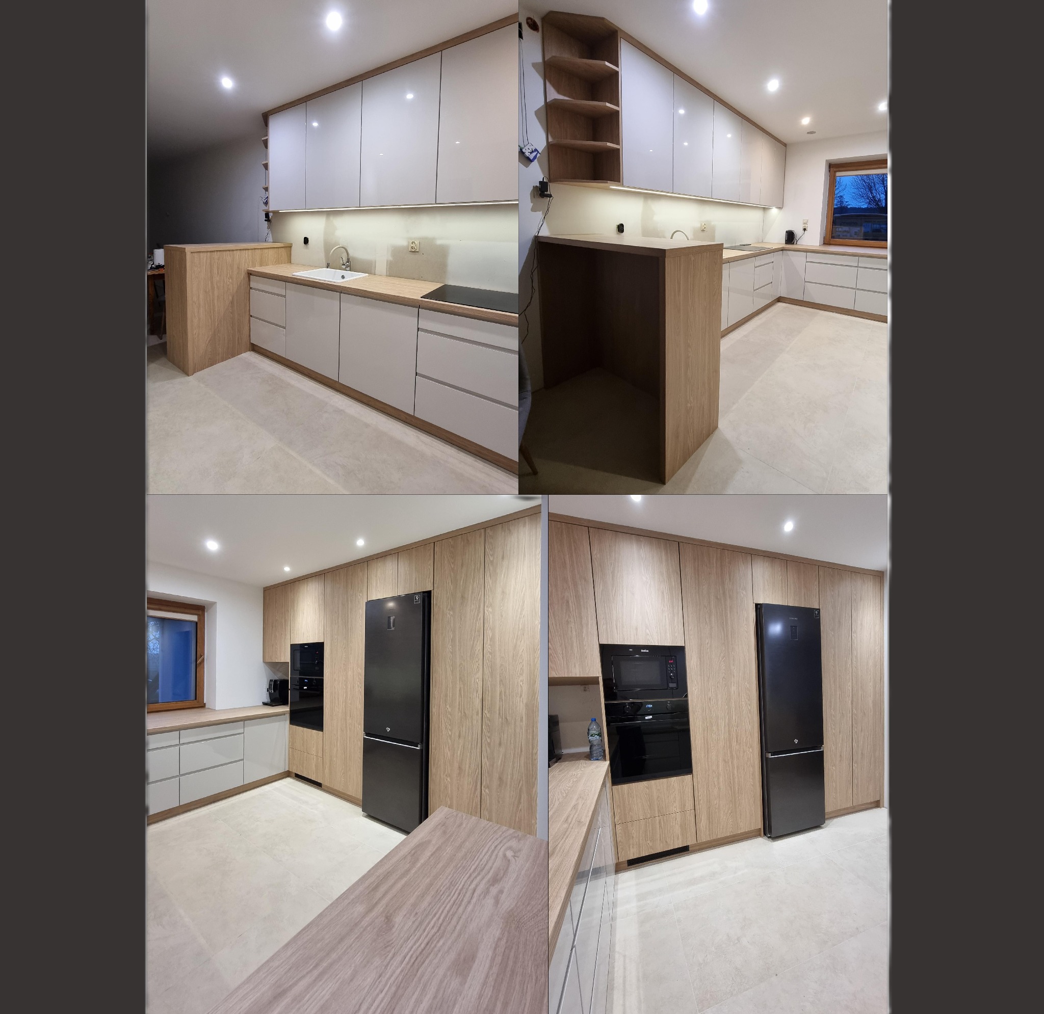 Nowoczesna kuchnia z jasnymi, lakierowanymi frontami szafek i drewnianymi akcentami. Widoczne oświetlenie podszafkowe i sprzęt AGD w zabudowie.