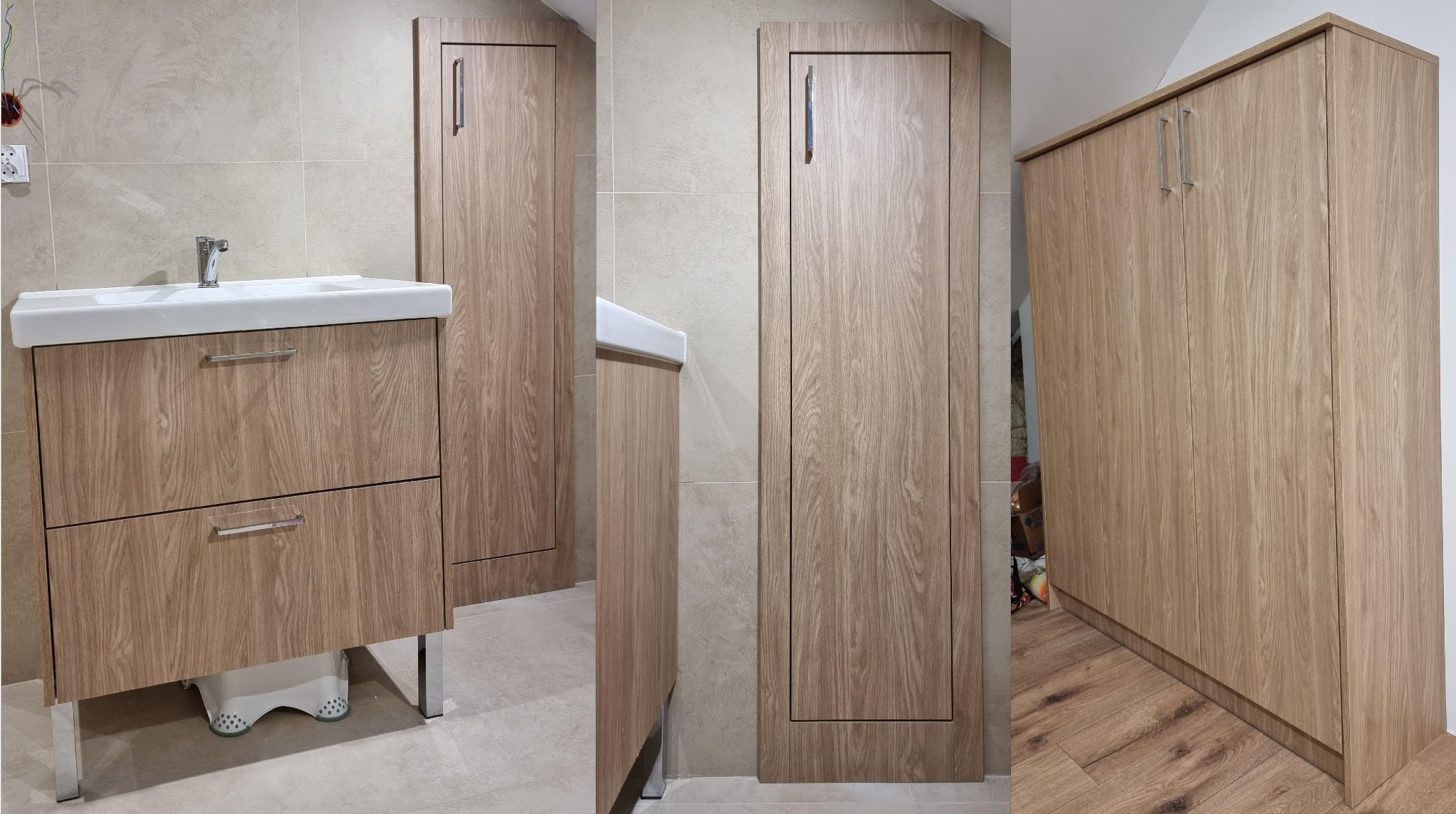 Nowoczesna łazienka z szafką pod umywalkę w odcieniach drewna, wysoka szafka w zabudowie i szafka wisząca. Całość utrzymana w jasnej, stonowanej kolorystyce.