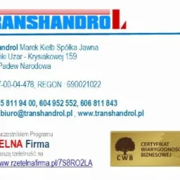 Wizytówka firmy Transhandrol z adresem, numerami telefonów, adresem e-mail, stroną internetową oraz informacją o uczestnictwie w programie Rzetelna Firma i certyfikatem wiarygodności biznesowej CWB...