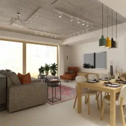 Nowoczesne wnętrze z betonowym sufitem, oświetleniem szynowym, dużym oknem, szarą sofą z pomarańczową poduszką, drewnianym stołem jadalnym dla sześciu osób i wiszącymi lampami w kolorach zielonym...