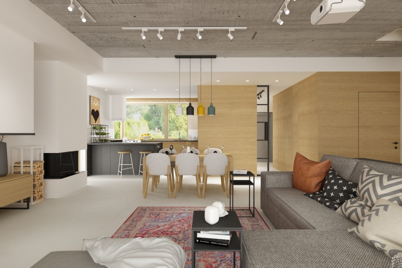 Jasne, przestronne wnętrze: salon z szarą sofą, wzorzystymi poduszkami, dywanem w orientalnym stylu i widokiem na otwartą kuchnię z drewnianymi hokerami oraz jadalnią z krzesłami w kolorze écru...