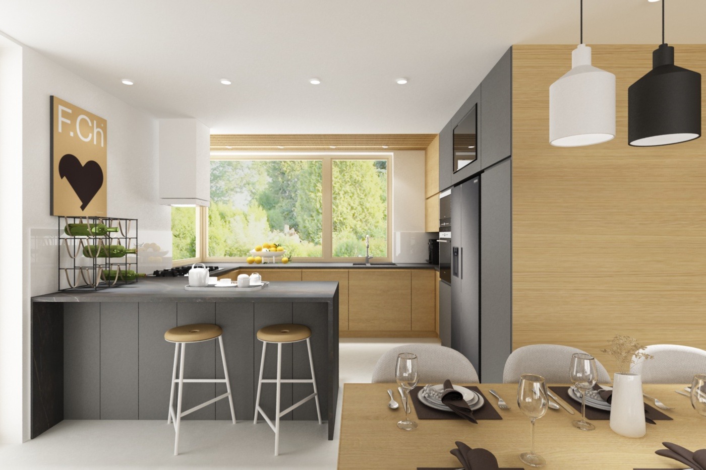 Wizualizacja nowoczesnej kuchni z wyspą, dwoma hokerami, drewnianymi szafkami i dużym oknem z widokiem na zieleń, uzupełniona o stół z nakryciem i designerskie lampy wiszące.