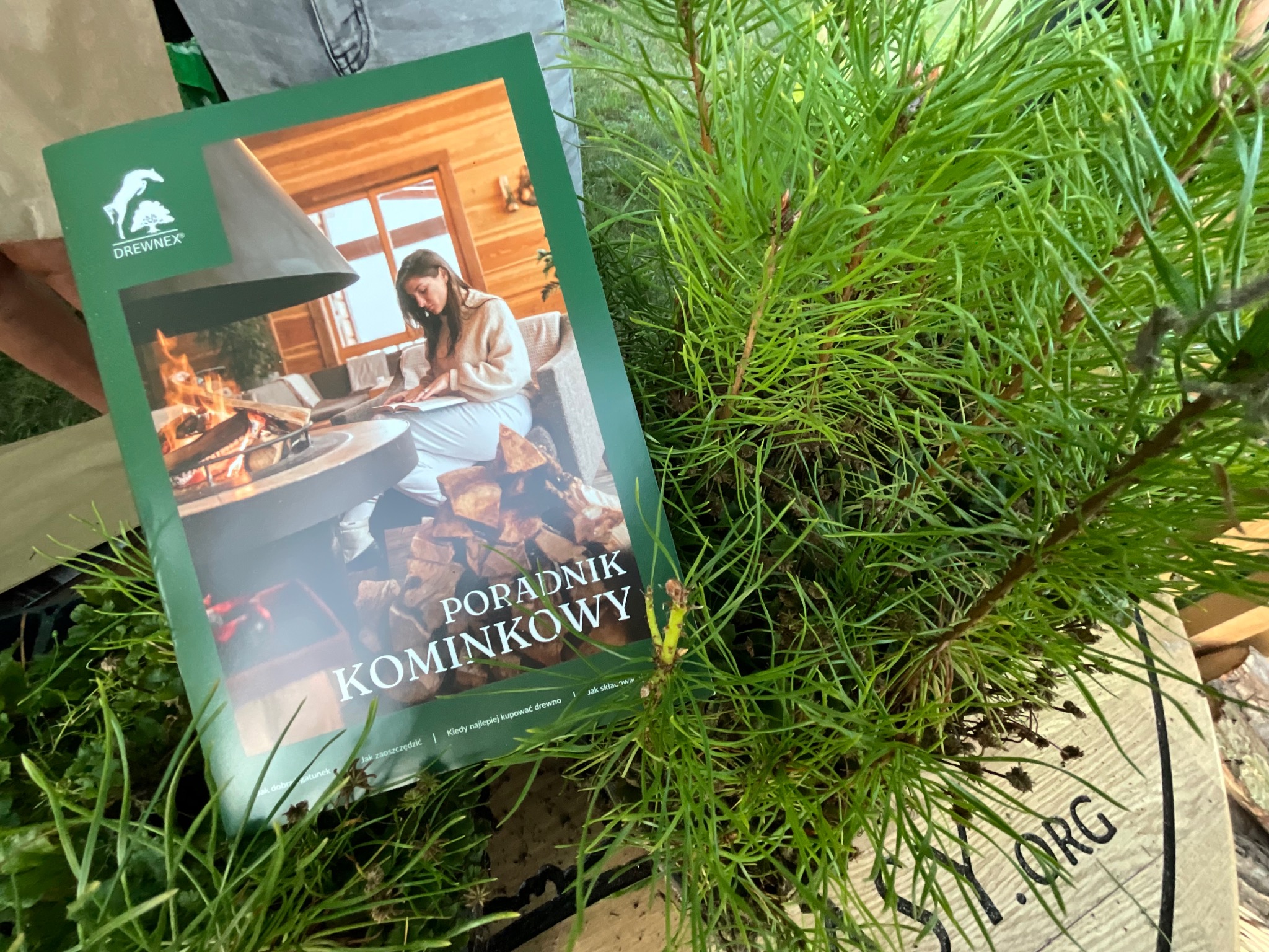 Poradnik kominkowy firmy Drewnex leży na tle igliwia i drewna, prezentując wnętrze z kominkiem i osobą czytającą książkę.