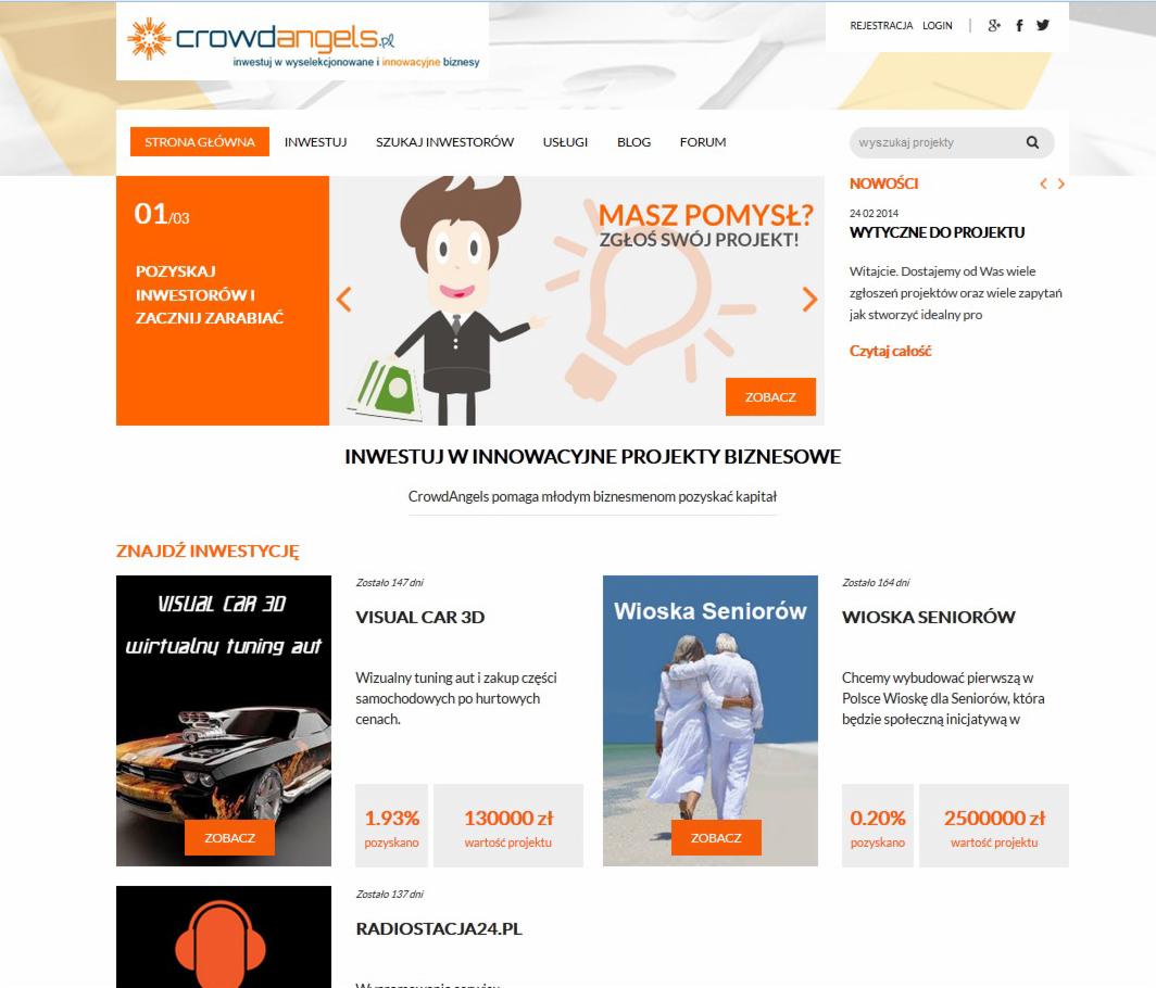 Strona internetowa platformy crowdfundingowej CrowdAngels.pl z karuzelą ofert inwestycyjnych i paskiem wyszukiwania projektów.