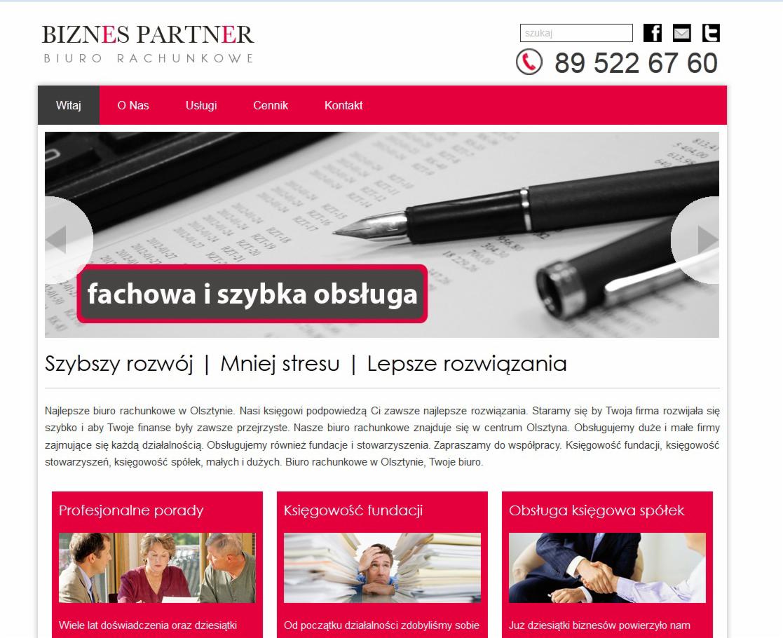 Strona internetowa biura rachunkowego Biznes Partner z Olsztyna, prezentująca zbliżenie na dokumenty finansowe i pióro, z hasłem 'fachowa i szybka obsługa'.