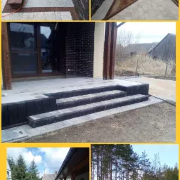 Kompozycja zdjęć prezentująca różnorodne elementy architektury krajobrazu: schody zewnętrzne, taras, ścieżka z kostki brukowej i kamienne wykończenia elewacji.