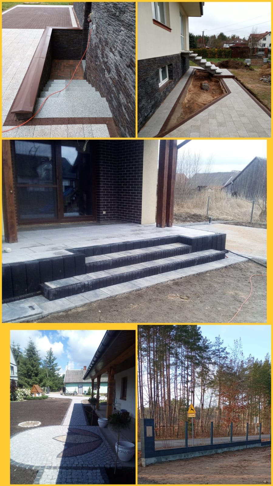 Kompozycja zdjęć prezentująca różnorodne elementy architektury krajobrazu: schody zewnętrzne, taras, ścieżka z kostki brukowej i kamienne wykończenia elewacji.