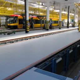 Gładka szara posadzka przemysłowa w hali naprawczej tramwajów, z żółtymi tramwajami w tle, oświetlona światłem dziennym i sztucznym.