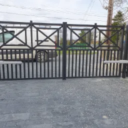 Automatyczna brama dwuskrzydłowa, czarna, ze wzorem krzyży, z napędem. Na podjeździe leżą opadłe płatki.