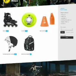Strona internetowa sklepu rolkowego z widocznymi kategoriami produktów: rolki, części, akcesoria, ochraniacze i kaski, plecaki i torby.