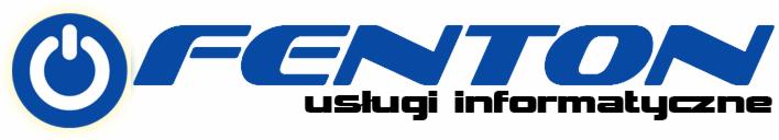 Niebieskie logo firmy Fenton Usługi Informatyczne z symbolem włącznika po lewej stronie na białym tle.