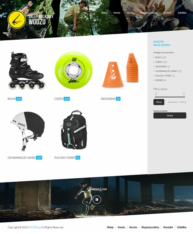 Strona internetowa sklepu rolkowego z widocznymi kategoriami produktów: rolki, części, akcesoria, ochraniacze i kaski, plecaki i torby.