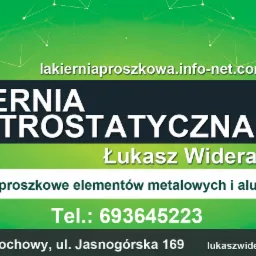 Grafika reklamowa lakierni elektrostatycznej z adresem strony internetowej, imieniem i nazwiskiem właściciela, numerem telefonu i adresem email, oferującej malowanie proszkowe elementów metalowych...