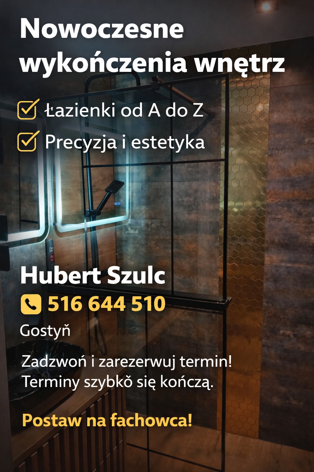 Nowoczesna łazienka z kabiną prysznicową typu walk-in, wykończona w odcieniach brązu i złota. Na zdjęciu widoczne hasła reklamowe i dane kontaktowe.