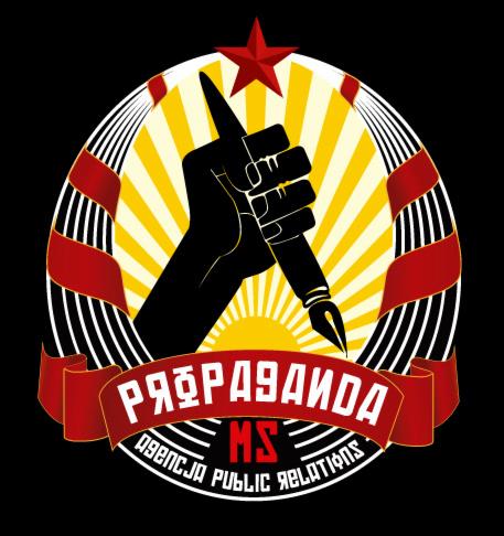 Grafika: Czarna dłoń trzyma pióro na tle stylizowanego słońca i czerwonej gwiazdy, z napisem 'PROPAGANDA MS AGENCJA PUBLIC RELATIONS' na czarnym tle.