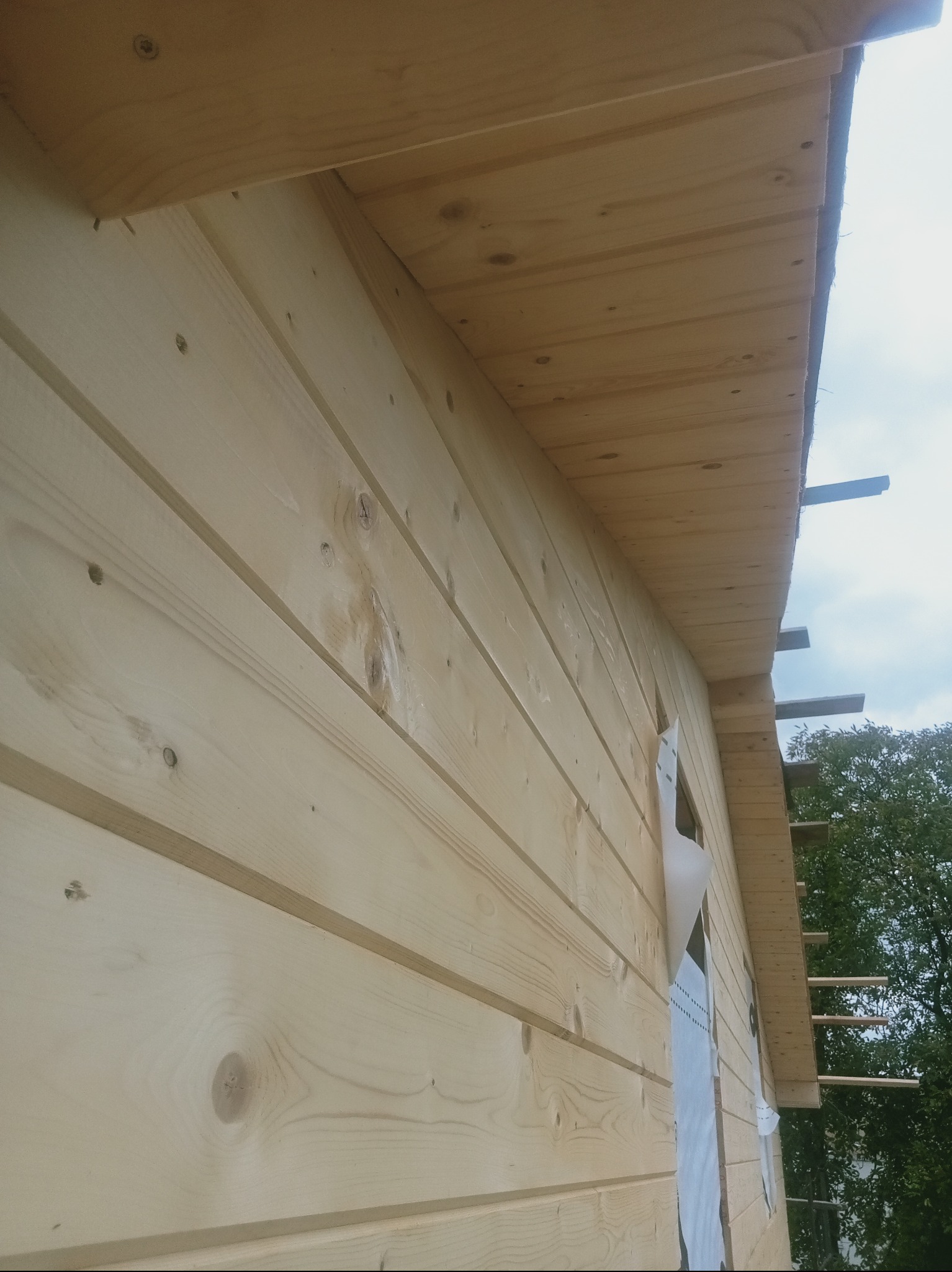 Drewniana elewacja domu w trakcie budowy, widoczne deski i fragment dachu z podbitką. Okno zabezpieczone folią. Ujęcie z dołu, w tle zieleń drzew.