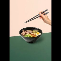 Dawid Jóźwiak REWIR - Apetyczne ramen w czarnej misce, trzymane pałeczkami, na dwukolorowym tle. Fotografia produktowa z Warszawy, idealna do menu lub reklamy restauracji.