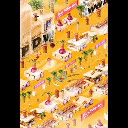 Dawid Jóźwiak REWIR - Abstrakcyjna kompozycja z chleba, warzyw i wędlin na żółtym tle, przypominająca miasto lub tor wyścigowy. Elementy ułożone w kreatywny i nietypowy sposób.