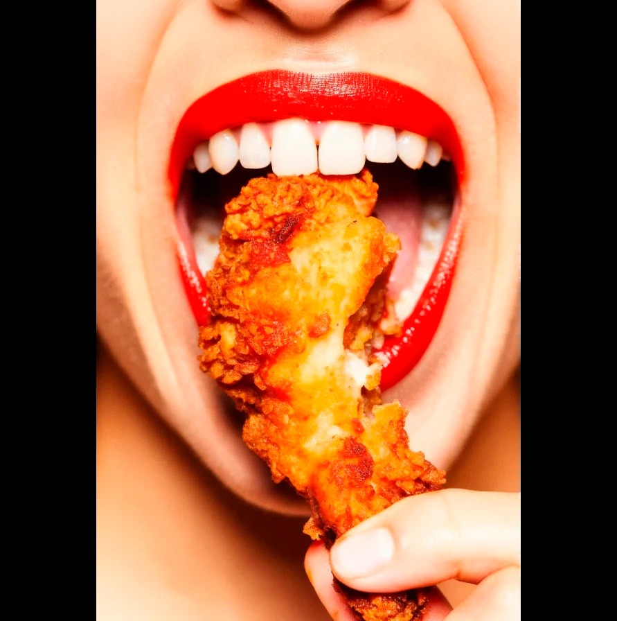 Kadr z bliska: usta z czerwoną szminką, białe zęby i dłoń trzymająca kawałek chrupiącego, smażonego kurczaka, gotowego do zjedzenia. Intensywne oświetlenie.