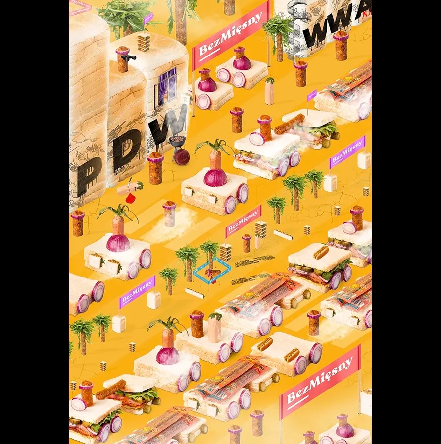 Abstrakcyjna kompozycja z chleba, warzyw i wędlin na żółtym tle, przypominająca miasto lub tor wyścigowy. Elementy ułożone w kreatywny i nietypowy sposób.