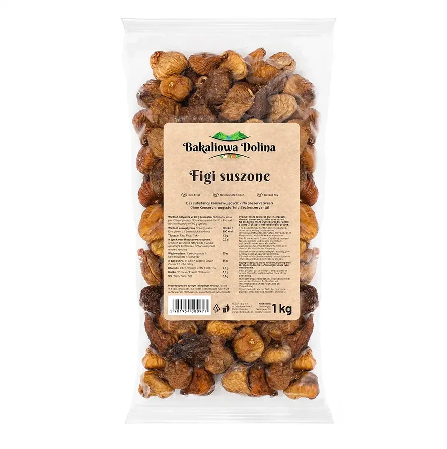 Wysuszone figi Bakaliowa Dolina w przezroczystym opakowaniu foliowym z etykietą informacyjną, ukazujące naturalny kolor i teksturę suszonych owoców.