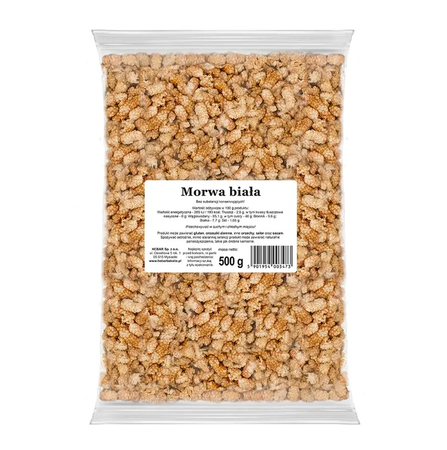 Opakowanie morwy białej 500g od Hebar z Mysiadła, prezentowane na białym tle. Fotografia produktowa dla sklepu internetowego z Warszawy.