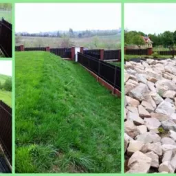 Kompozycja trzech ujęć: przygotowanie terenu pod trawnik obok ciemnego ogrodzenia, trawnik na wzgórzu z ogrodzeniem oraz usypany kamienny mur oporowy w ogrodzie.