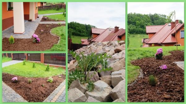 Kompozycja trzech ujęć ogrodu po renowacji: rabaty z korą i kwiatami przy domu, skalniak z kamieni i zieleni, oraz widok na trawnik i domy w tle.