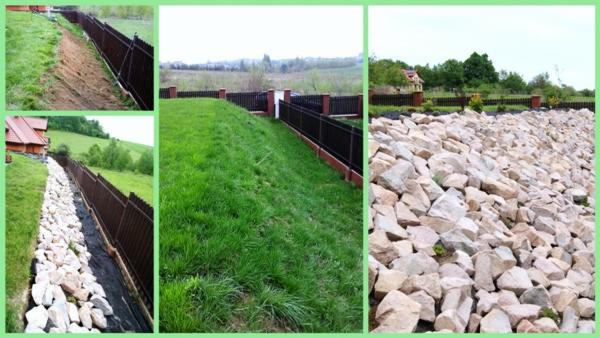 Kompozycja trzech ujęć: przygotowanie terenu pod trawnik obok ciemnego ogrodzenia, trawnik na wzgórzu z ogrodzeniem oraz usypany kamienny mur oporowy w ogrodzie.