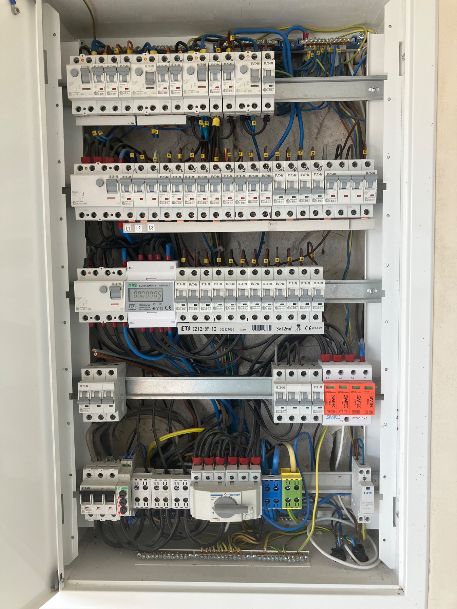 Rozdzielnia elektryczna w białej obudowie, widoczne bezpieczniki, przewody, licznik energii ELS SDM72DR i elementy zabezpieczające Simtec ST30B+C 4P.