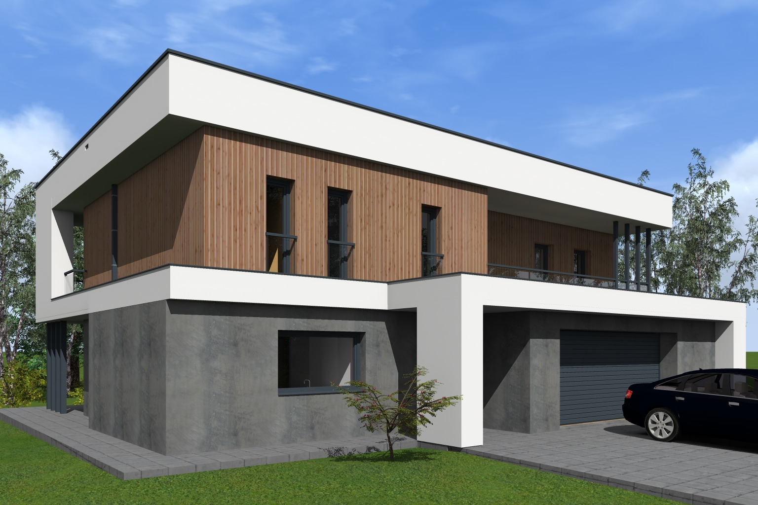 Wizualizacja nowoczesnego domu z drewnianą elewacją i garażem na dwa samochody, z czarnym autem zaparkowanym na podjeździe. Błękitne niebo w tle.