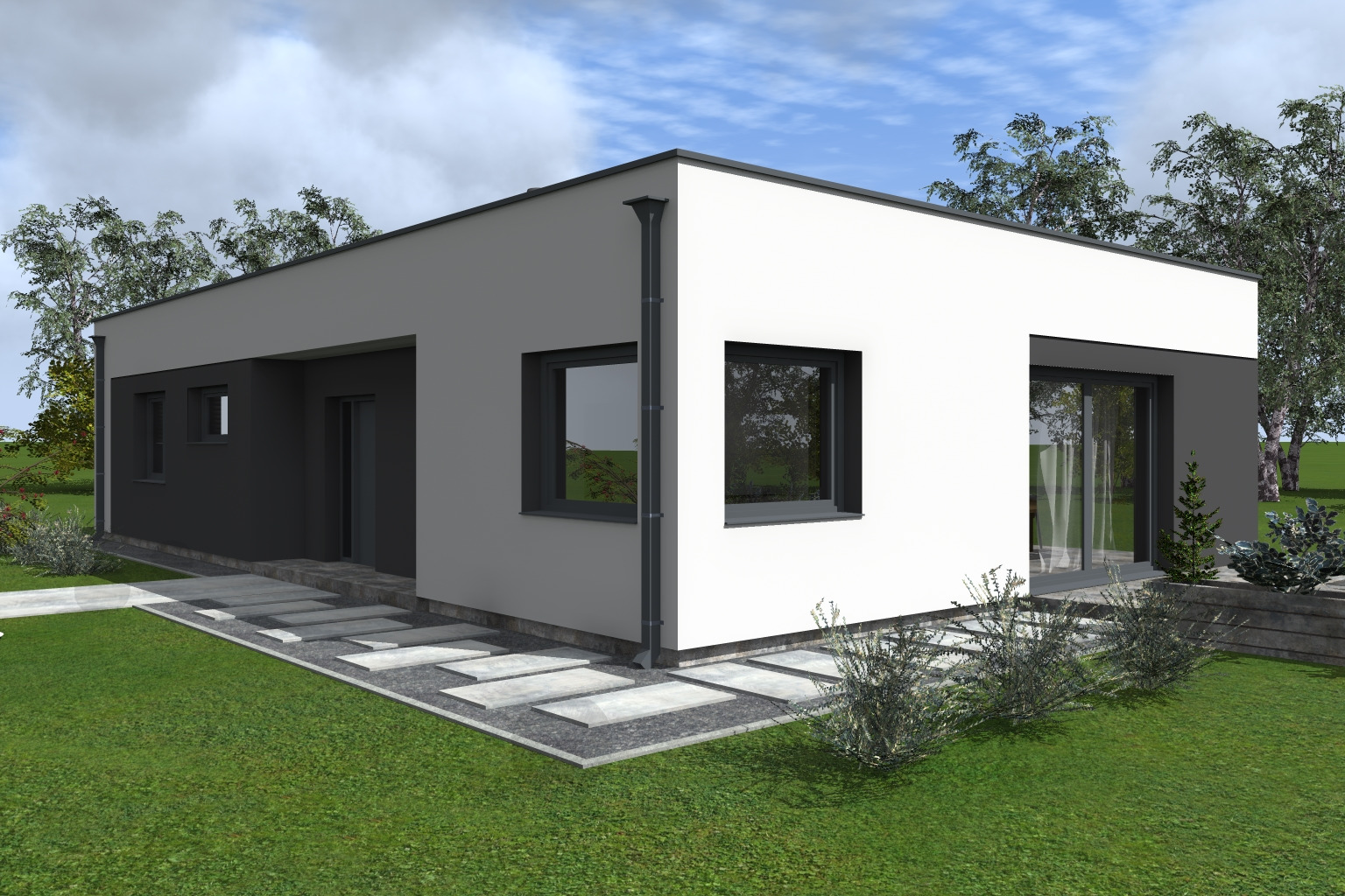 Wizualizacja nowoczesnego, parterowego domu z płaskim dachem. Jasna elewacja, duże okna i minimalistyczny chodnik z płyt.