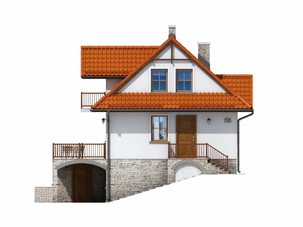 Wizualizacja dwukondygnacyjnego domu z czerwonym dachem, balkonem z balustradą i wejściem do piwnicy z łukowym sklepieniem, numer domu 6b nad drzwiami wejściowymi.