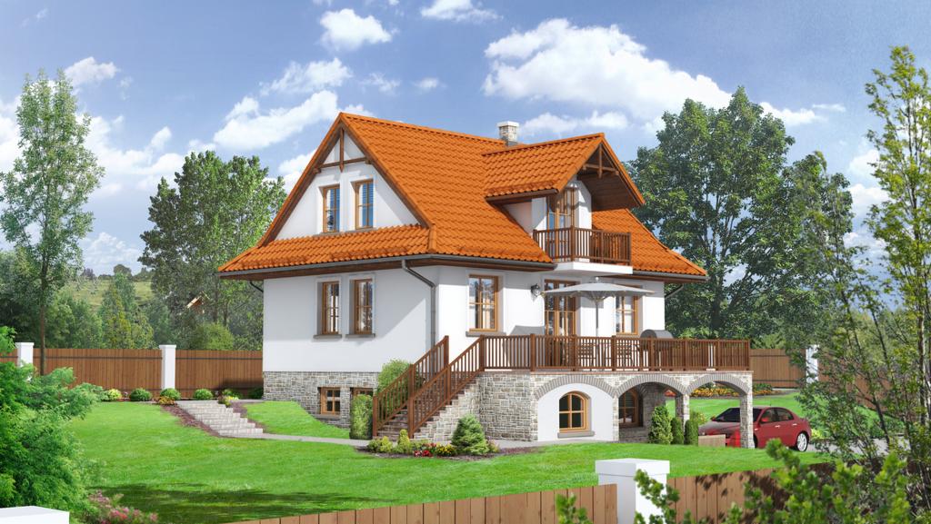 Wizualizacja dwukondygnacyjnego domu z pomarańczową dachówką, balkonem i tarasem, otoczonego zielonym trawnikiem i drzewami, z widocznym fragmentem ogrodzenia i czerwonego samochodu w tle.