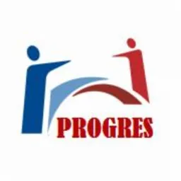 Logo firmy z nazwą 'PROGRES', przedstawiające dwie stylizowane postacie połączone łukiem. Postać po lewej stronie jest niebieska, a po prawej czerwona. Łuk łączący postacie jest w odcieniach...
