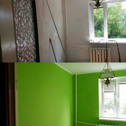 Remonty - Pokój przed i po malowaniu: od surowych ścian z grzejnikiem do świeżego, zielonego wnętrza z zasłoniętym oknem i lampą.