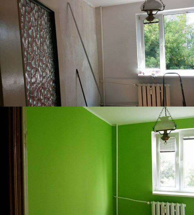 Pokój przed i po malowaniu: od surowych ścian z grzejnikiem do świeżego, zielonego wnętrza z zasłoniętym oknem i lampą.
