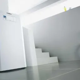 Biały piec gazowy w minimalistycznym wnętrzu z szarymi płytkami podłogowymi, obok schody i rower oparty o ścianę.