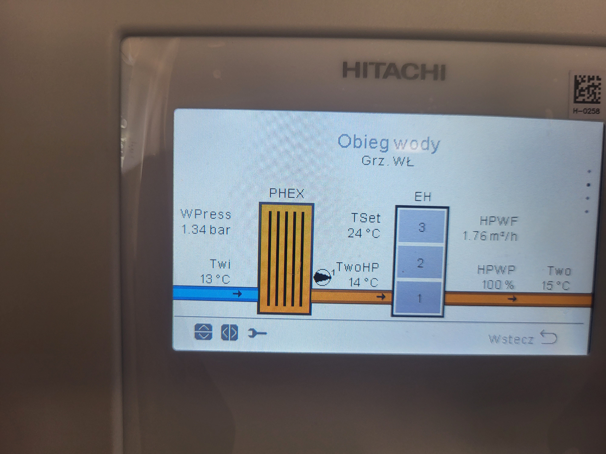 Wyświetlacz sterownika Hitachi z schematem obiegu wody, wartościami ciśnienia i temperatur, wskazujący na pracę instalacji grzewczej.