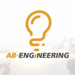 Pomarańczowe logo AB-Engineering przedstawiające żarówkę z napisem poniżej, na rozmytym białym tle.