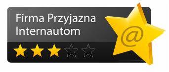 Logo firmy z napisem 'Firma Przyjazna Internautom', trzema wypełnionymi złotymi gwiazdami, dwiema pustymi gwiazdami i dużą złotą gwiazdą z symbolem @ w środku.