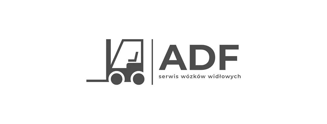 Logo firmy ADF specjalizującej się w serwisie wózków widłowych, z graficznym symbolem wózka widłowego po lewej stronie.