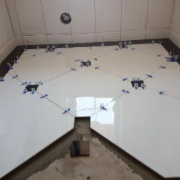 Białe, błyszczące płytki podłogowe ułożone w romby, z czarnymi akcentami na obrzeżach, zabezpieczone niebieskimi klipsami poziomującymi podczas układania w łazience.