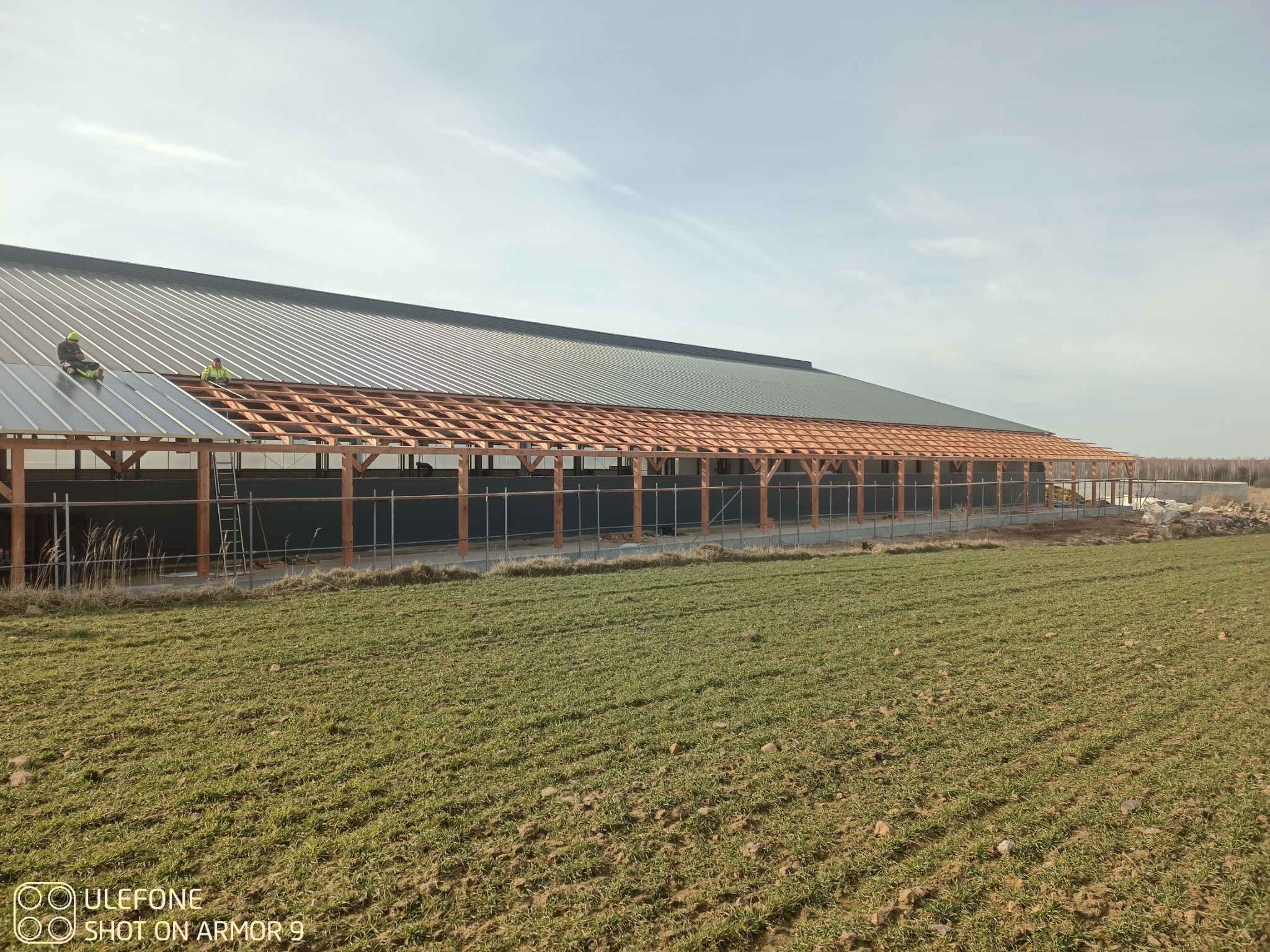 Montaż drewnianej więźby dachowej na dużej hali z blachy trapezowej. Dwóch pracowników w kaskach na dachu. Widok z pola uprawnego, słoneczny dzień.