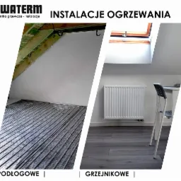 Kompozycja przedstawiająca instalację ogrzewania podłogowego z rurkami grzewczymi na poddaszu oraz biały grzejnik ścienny w pokoju z oknem dachowym i szarą podłogą.