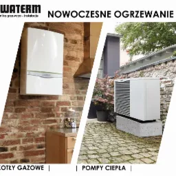 Porównanie dwóch systemów grzewczych: biały, wiszący kocioł gazowy na ceglanej ścianie wewnątrz budynku oraz biała pompa ciepła na betonowym fundamencie na zewnątrz, na tle ceglanego muru i zieleni.